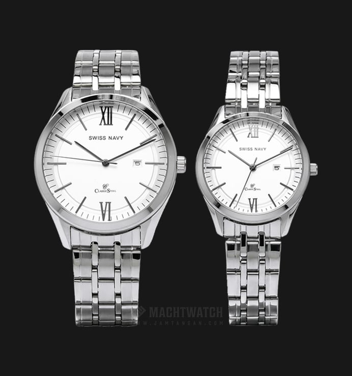 SWISS NAVY 6813MSSWH_6813LSSWH Classic Steel Couple White Dial Stainless Steel Strap
