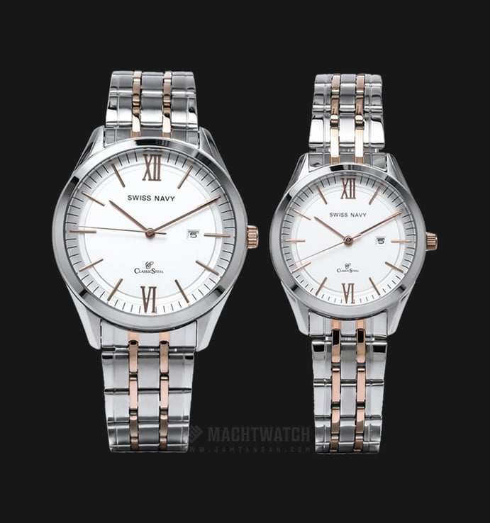 SWISS NAVY 6813MTGRGWH_6813LTGRGWH Classic Steel Couple White Dial Dual Tone Stainless Steel Strap