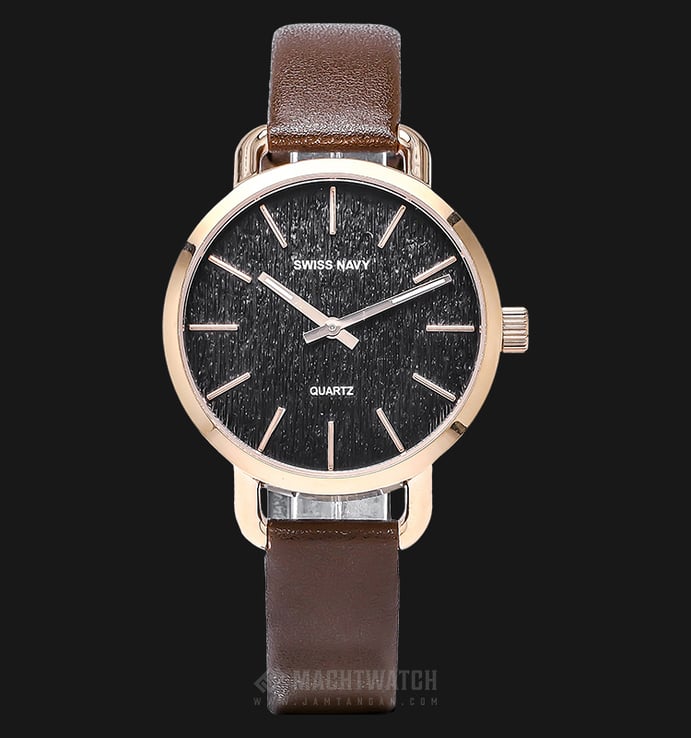 SWISS NAVY 8334LRGBKBN Ladies Black Dial Rose Gold Case Brown Leather Strap