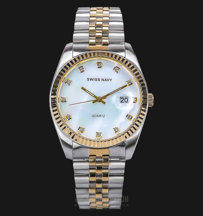 SWISS NAVY 8348MTGGPWH Men White Mother of Pearl Dial Dual Tone Stainless Steel Strap