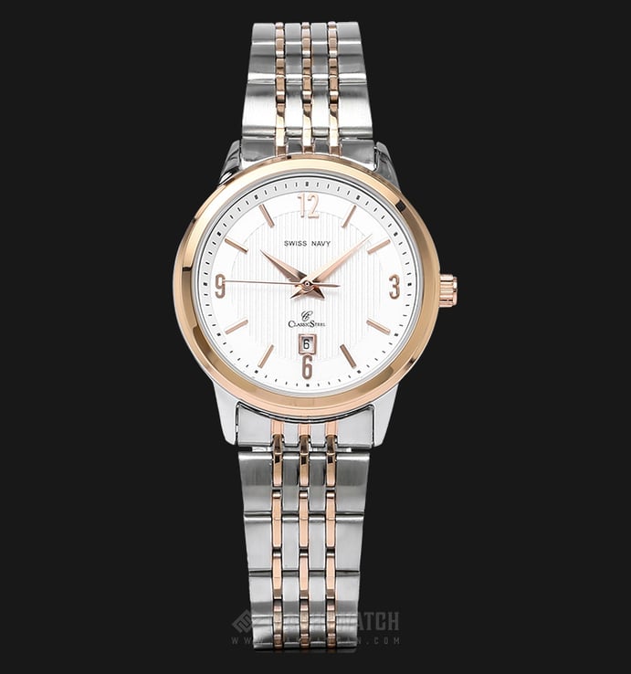 SWISS NAVY Classic 8942LTGRGWH Ladies White Pattern Dial Dual Tone Stainless Steel