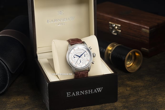 Thomas Earnshaw ES-8105-02 Longitude Multi-Function White Dial Brown Leather Strap