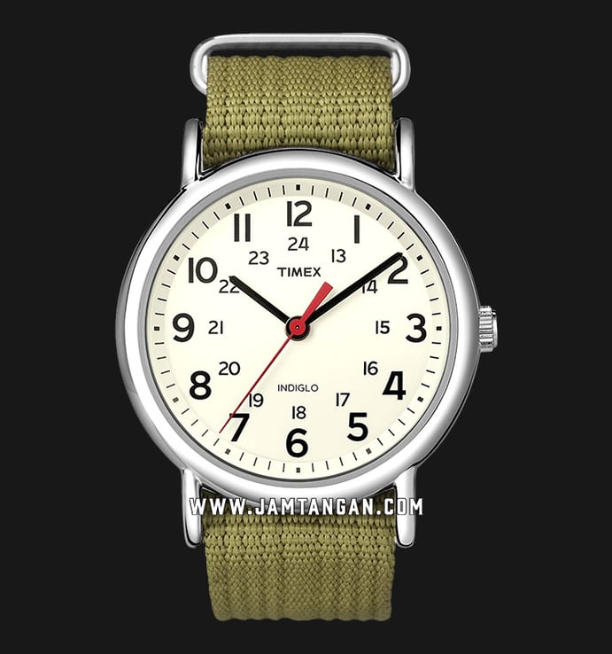 Timex Weekender Slip-Thru T2N651 Indiglo White Dial Green Olive Nylon Strap
