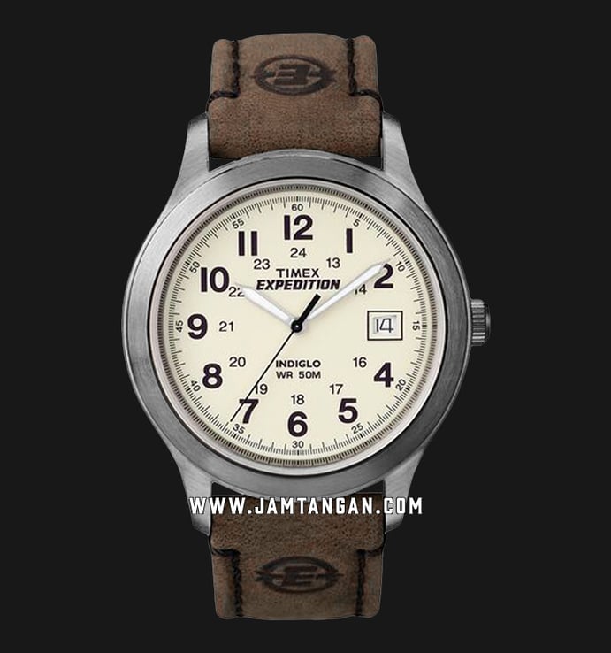 Timex Expedition T49870 Metal Field Indiglo Biege Dial Brown Leather Strap