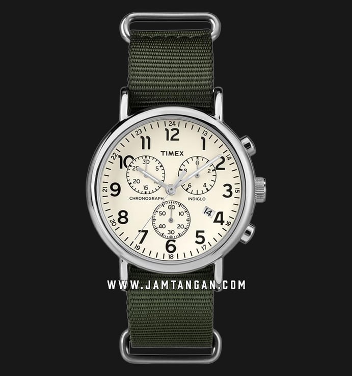Timex Weekender TW2P71400 Chronograph Mens Cream Dial Green Olive Nylon Strap