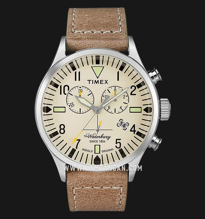 Timex TW2P84200 The Waterbury Chronograph Biege Dial Brown Leather Strap