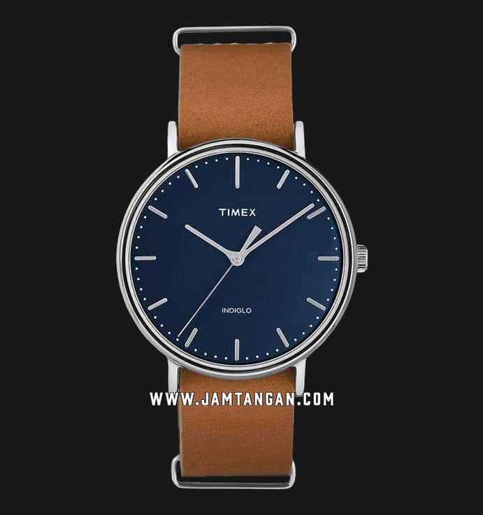 Timex Weekender Fairfield Slip-Thru TW2P97800 Indiglo Blue Dial Brown Leather Strap