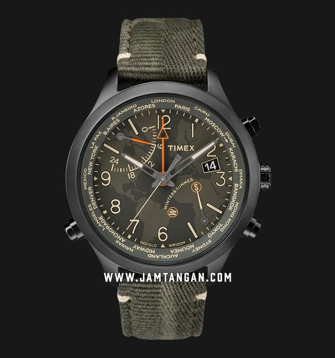Timex Waterbury World Time TW2R43200 Chrono Indiglo Dual Color Globe Dial Green Olive Leather Strap
