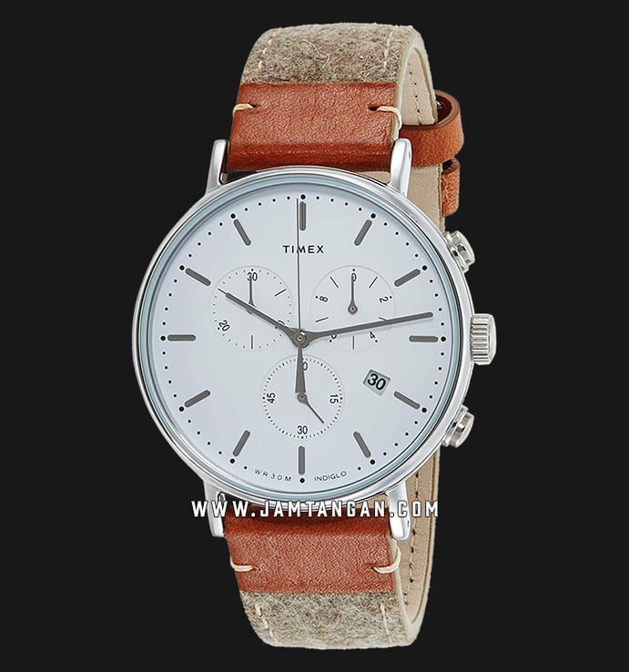 Timex Fairfield TW2R62000 Chronograph Mens White Dial Beige Leather Strap