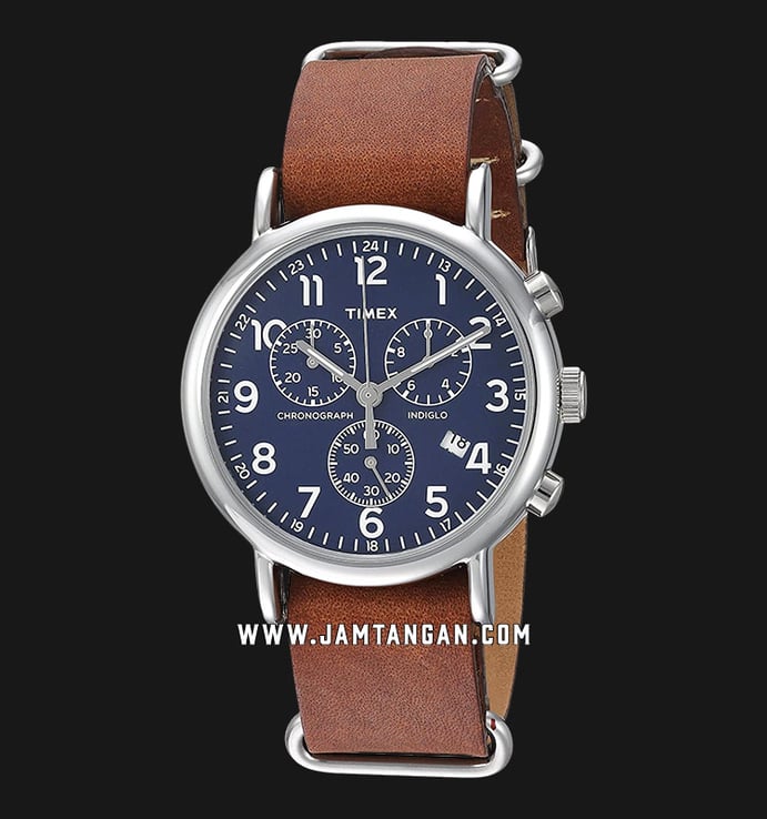 Timex Weekender TW2R63200 Indiglo Chronograph Blue Dial Brown Leather Strap