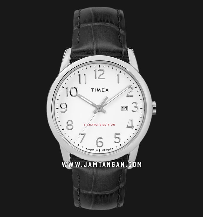 Timex TW2R64900 Easy Reader Mens White Dial Black Leather Strap