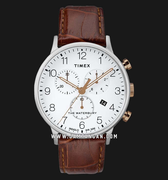Timex TW2R72100 Waterbury Chronograph Men White Dial Brown Leather Strap