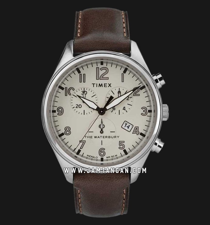 Timex The Waterbury Traditional TW2R88200 Chronograph Mens Beige Dial Dark Brown Leather Strap
