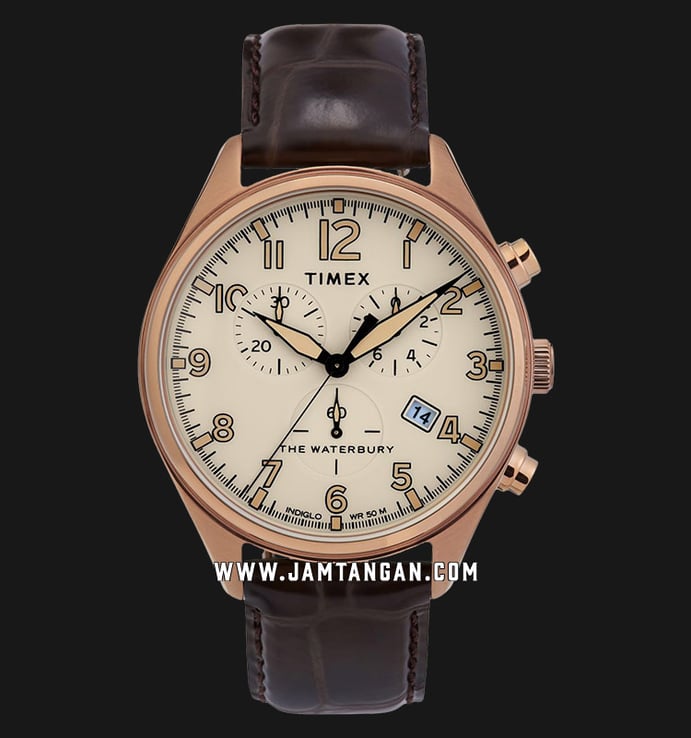 Timex The Waterbury TW2R88300 INDIGLO Chronograph Beige Dial Brown Leather Strap