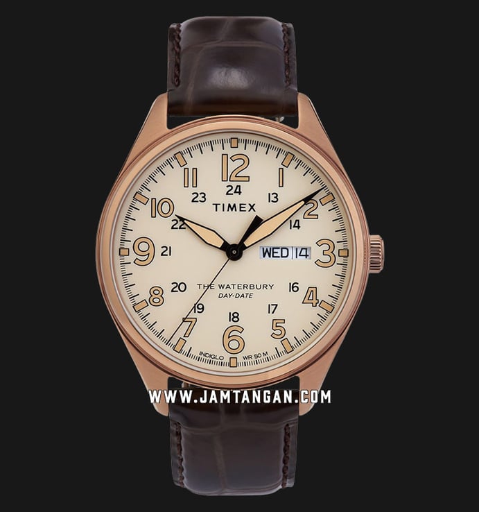 Timex TW2R89200 INDIGLO The Waterbury Day and Date Tan Dial Brown Leather Strap