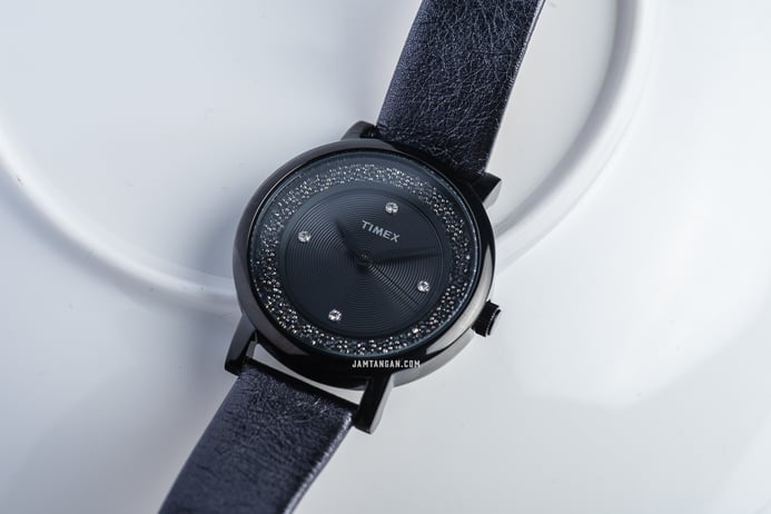 Timex Crystal Opulence TW2R93000 Ladies Black Dial Black Leather Strap