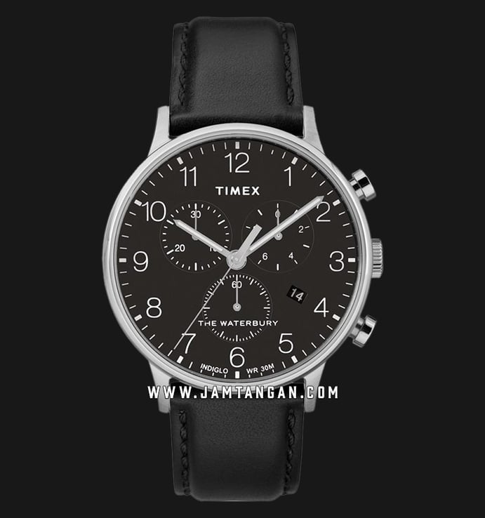 Timex Waterbury Classic TW2R96100 Chronograph Men Black Dial Black Leather Strap