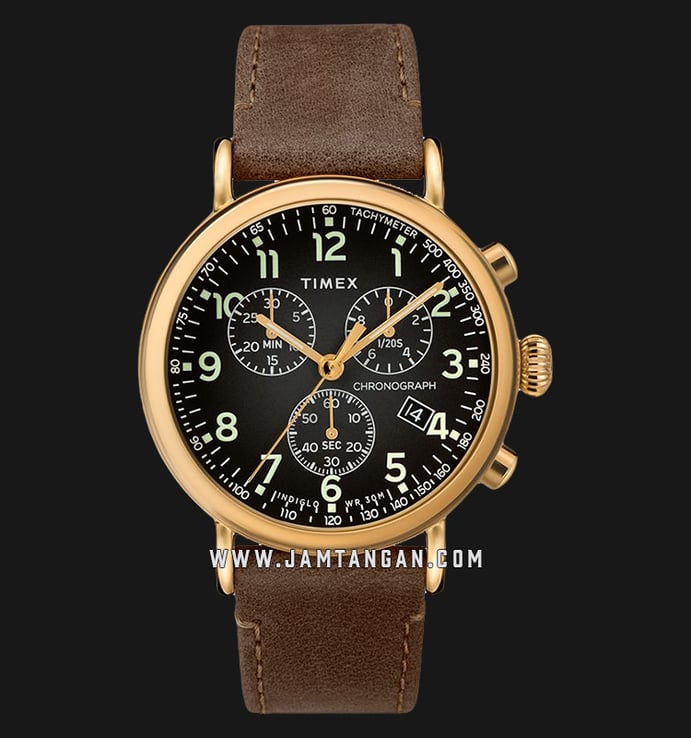 Timex TW2T20900 INDIGLO Standard Chronograph Black Dial Dark Brown Leather Strap