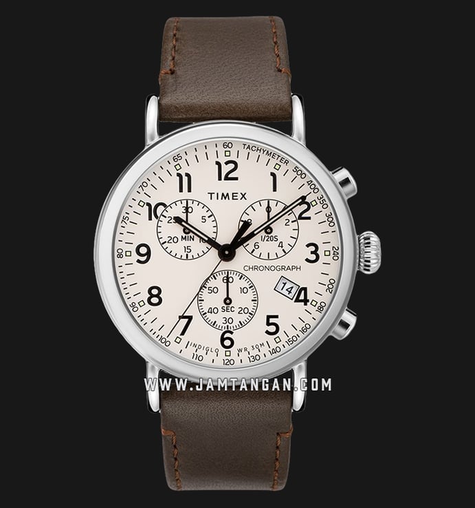 Timex TW2T21000 INDIGLO Standard Chronograph White Dial Dark Brown Leather Strap