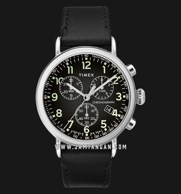 Timex TW2T21100 INDIGLO Standard Chronograph Black Dial Black Leather Strap