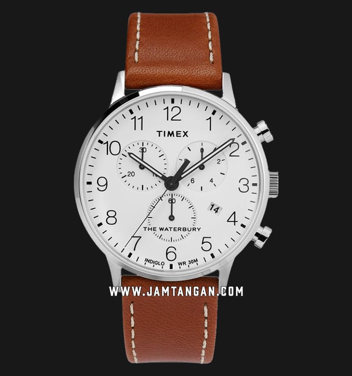  Timex The Waterbury TW2T28000 Chronograph White Dial Brown Leather Strap