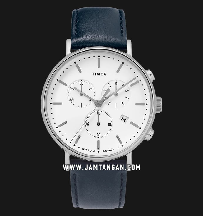 Timex TW2T32500 INDIGLO Fairfield Chronograph White Dial Blue Leather Strap