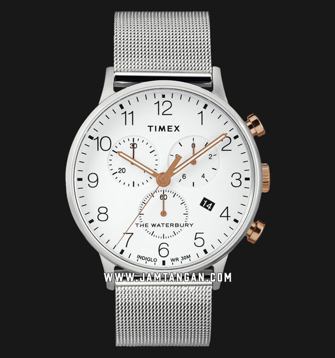 Timex The Waterbury TW2T36700 INDIGLO Chronograph White Dial Stainless Steel Strap