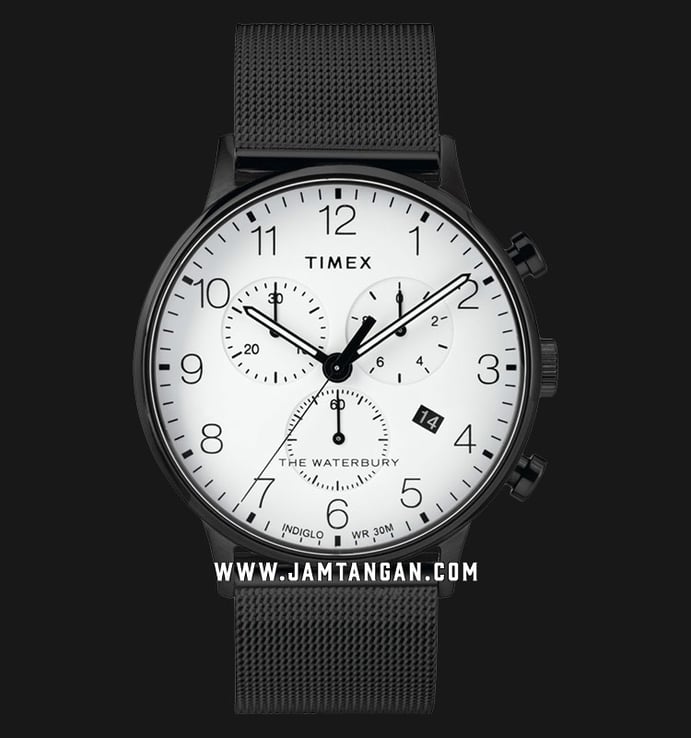 Timex The Waterbury TW2T36800 INDIGLO Chronograph White Dial Black Stainless Steel Strap