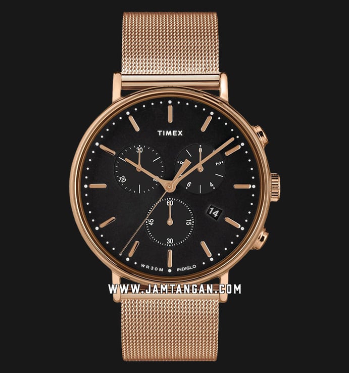 Timex Fairfield TW2T37100 Indiglo Chronograph Black Dial Rose Gold Mesh Strap