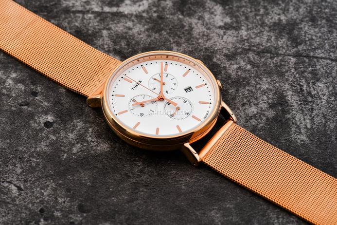 Timex Fairfield TW2T37200 Indiglo Chronograph White Dial Rose Gold Stainless Steel Strap