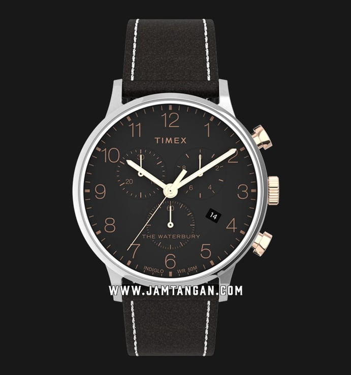 Timex Waterbury TW2T71500 Chronograph Men Black Dial Black Leather With Nylon Strap