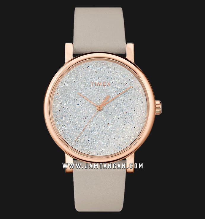 Timex Crystal TW2T78100 Ladies Glitter Dial Beige Leather Strap