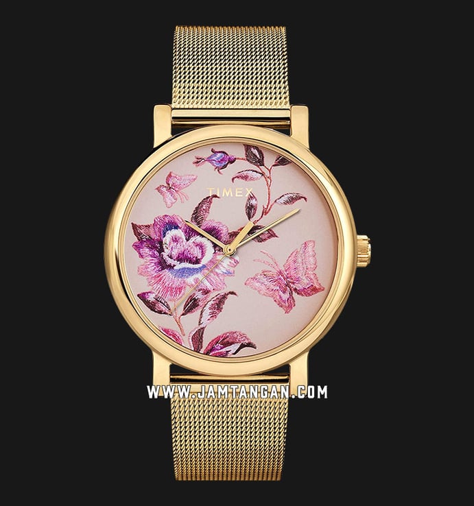 Timex Full Bloom TW2U19400 Multicolor Flower Motif Dial Gold Stainless Steel Strap