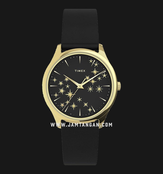 Timex Starstruck TW2U57300 Black With Gold Stars Dial Black Leather Strap