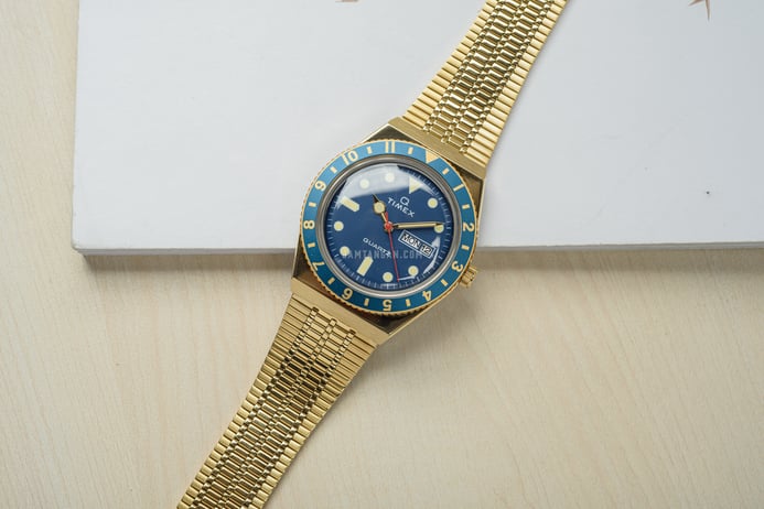 Timex Q TW2U62000 Reissue Blue Dial Gold Stainless Steel Strap