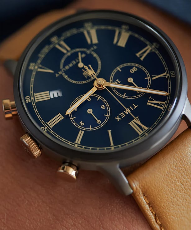 Timex Waterbury TW2U88200 Men Chronograph Classic Blue Dial Brown Leather Strap