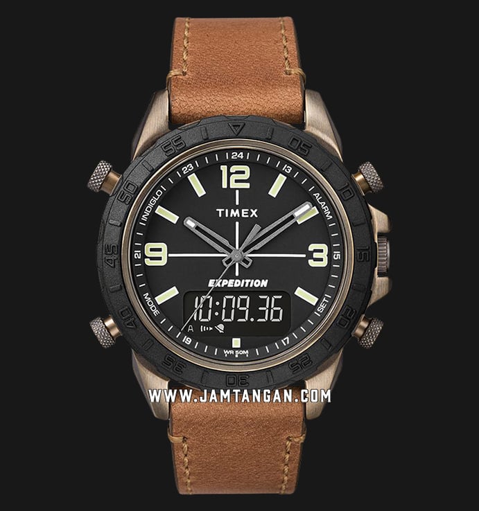 Timex TW4B17200 INDIGLO Expedition Pioneer Combo Black Dial Brown Leather Strap