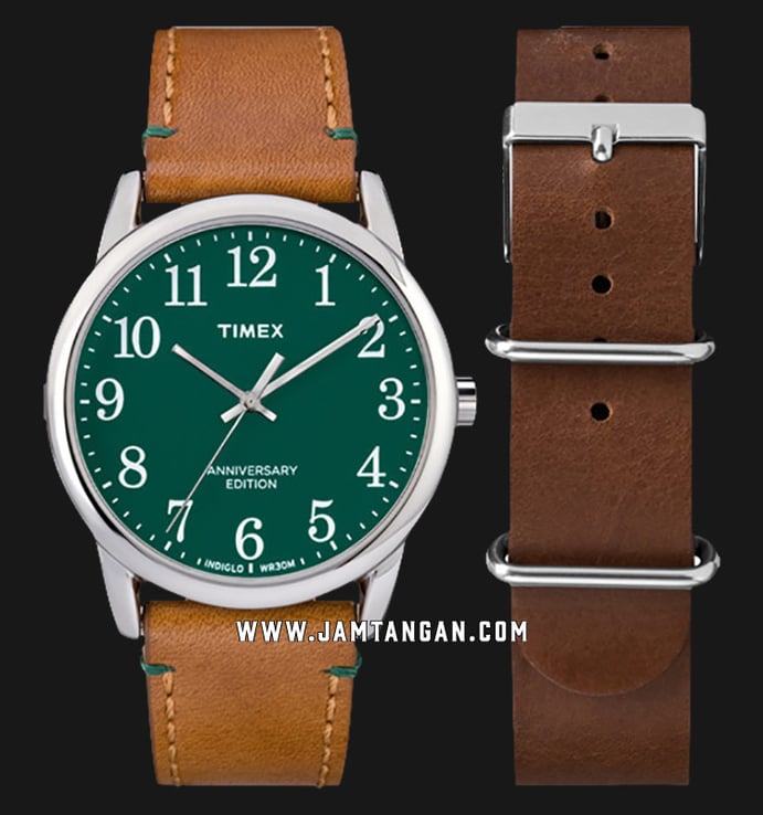 Timex Easy Reader TWG017100 40th Anniversary Edition Green Dial Brown Leather Strap + Extra Strap