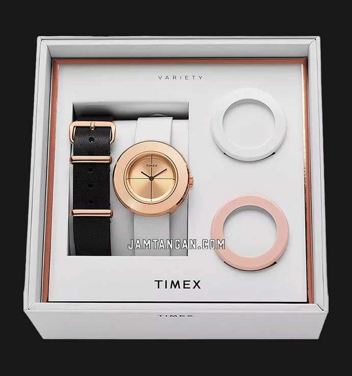  Timex Variety TWG020200 Ladies Gold Dial White Leather Strap + Extra Strap