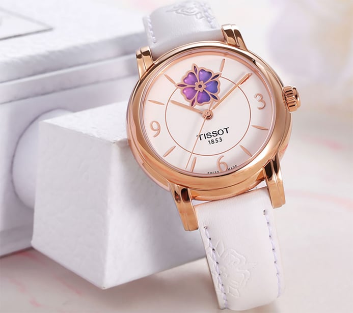 Tissot T-Lady T050.207.37.017.05 Lady Heart Flower Powermatic 80 White Dial White Leather Strap