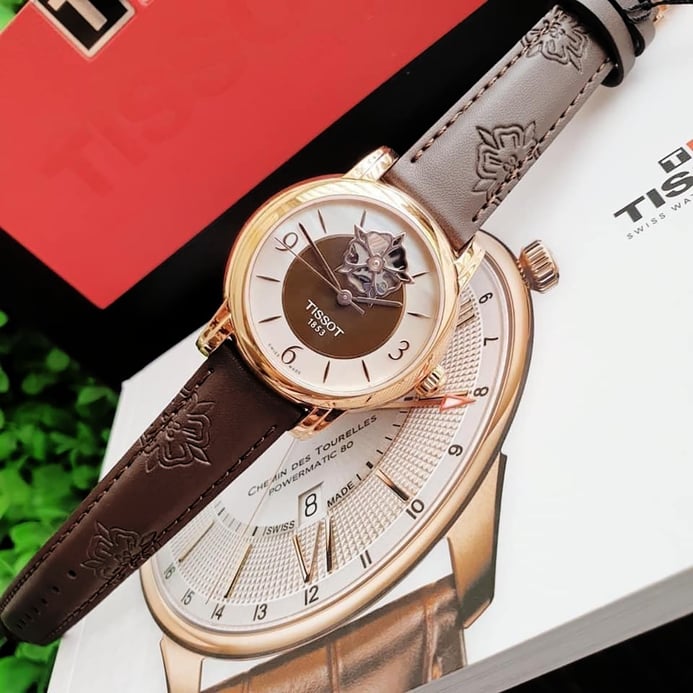 TISSOT T-Classic T050.207.37.117.04 Lady Heart Powematic 80 Dual Tone Dial Brown Leather Strap