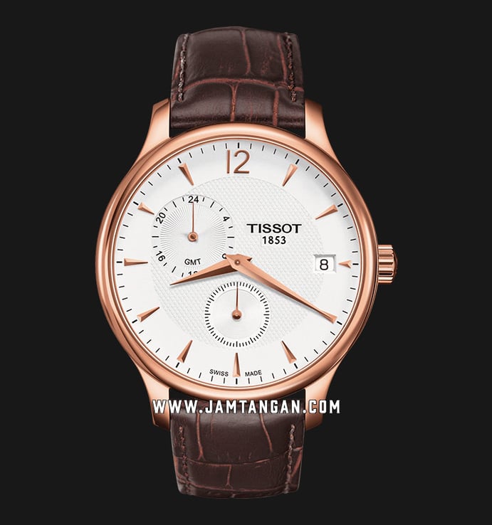 Tissot T-Classic T063.639.36.037.00 Tradition GMT Gent Silver Dial Brown Leather Strap