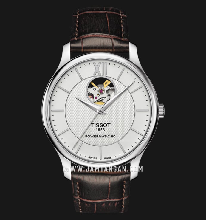 TISSOT Tradition Open Heart Powermatic 80 T063.907.16.038.00 White Dial Brown Leather Strap