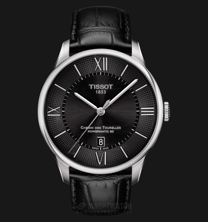 TISSOT T-Classic T099.407.16.058.00 Chemin Des Tourelles Powermatic80 Black Dial Black Leather Strap