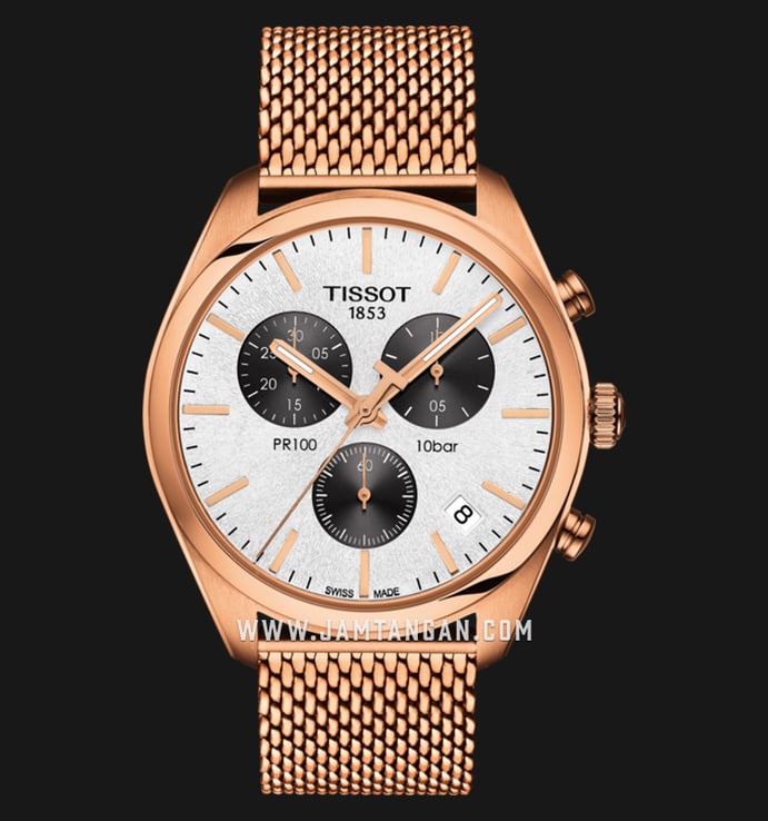 TISSOT PR100 Chronograph T101.417.33.031.01 Silver Dial Rose Gold Stainless Steel Strap