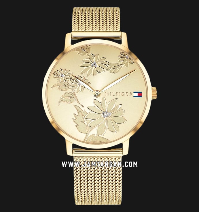 Tommy Hilfiger Pippa 1781921 Ladies Champagne Floral Pattern Dial Gold Mesh Strap