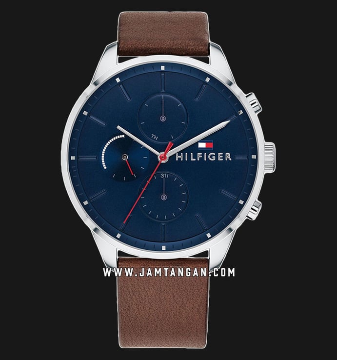 Tommy Hilfiger Chase 1791487 Men Blue Dial Brown Leather Strap