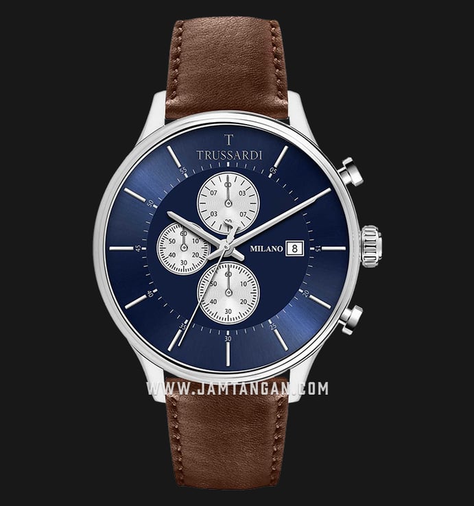 Trussardi T-Complicity R2471630003 Milano Chronograph Blue Dial Brown Leather Strap