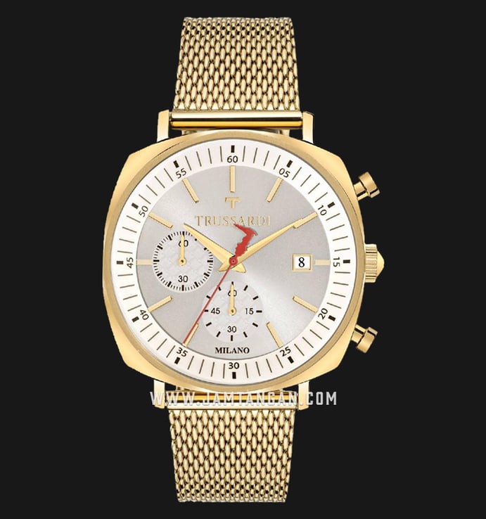 Trussardi R2473621001 Milano T-King Chronograph Silver Dial Gold Stainless Steel Strap