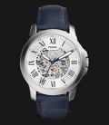 Fossil ME3111 Men Grant Automatic Silver Skeleton Dial Navy Blue Leather Strap-0